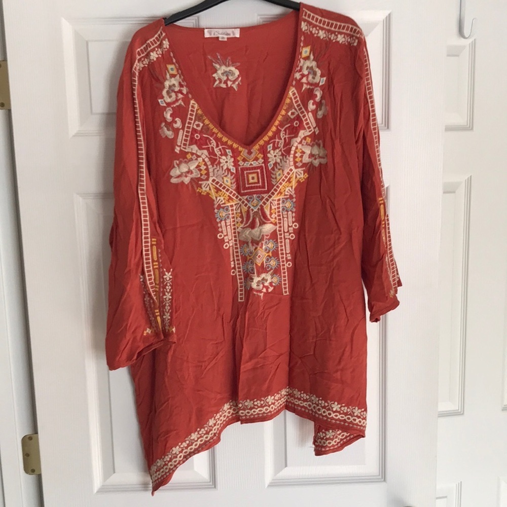 Solitaire Rust Orange Embroidered Tunic Top